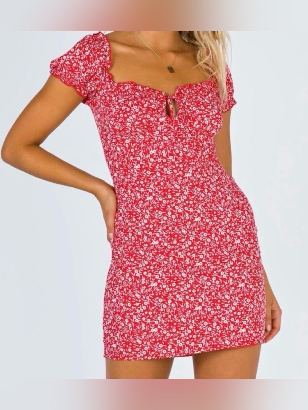 Princess Polly Red Floral Tie-Front Puff Sleeve Mini Dress